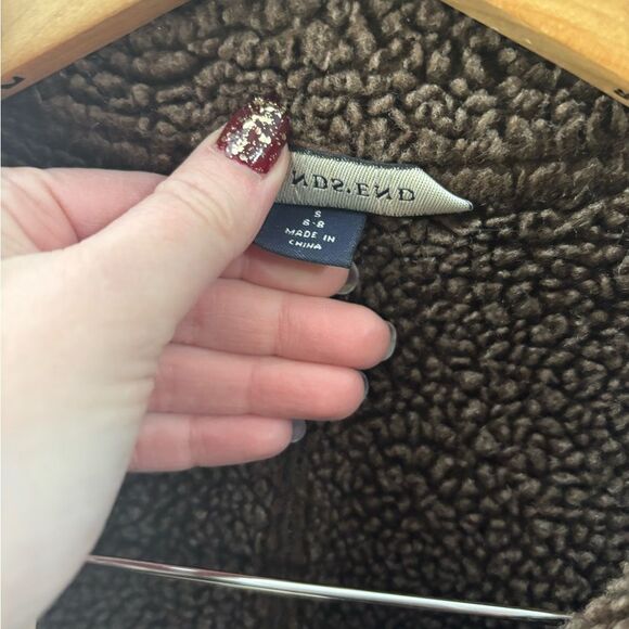 Lands End S 6-8 chocolate brown faux suede shearling sherpa button down jacket - Picture 3 of 5